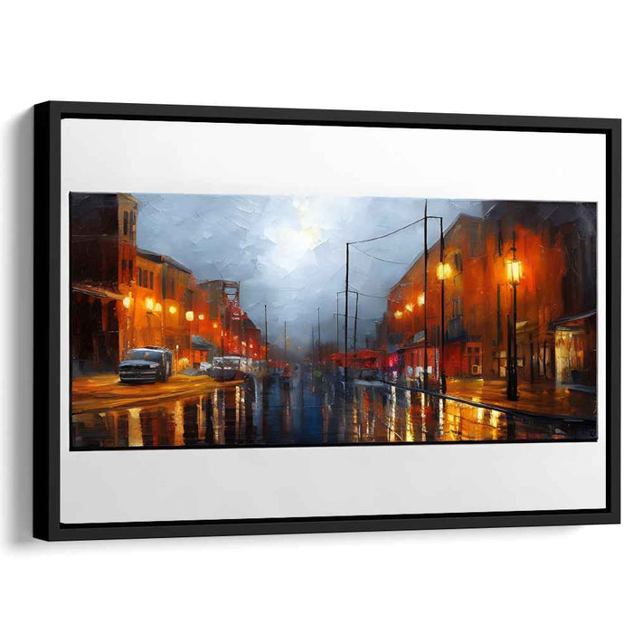 Rainy Urban Twilight: Cityscape in Luminous Reflections Canvas Art Print
