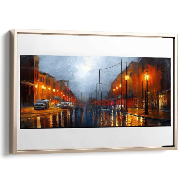 Rainy Urban Twilight: Cityscape in Luminous Reflections Canvas Art Print