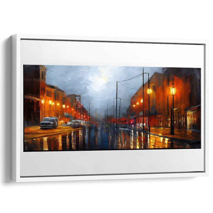 Rainy Urban Twilight: Cityscape in Luminous Reflections Canvas Art Print