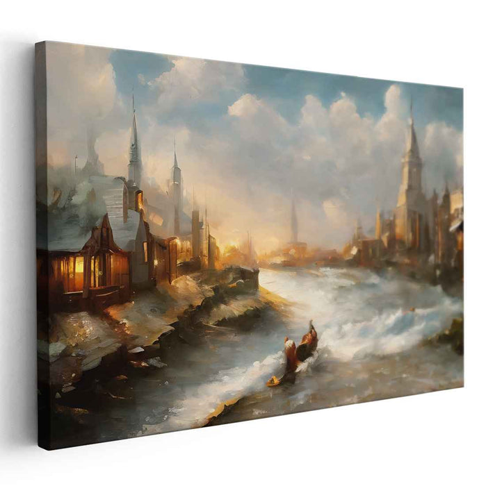 Gilded River Banks: Riverside Town in Golden Light