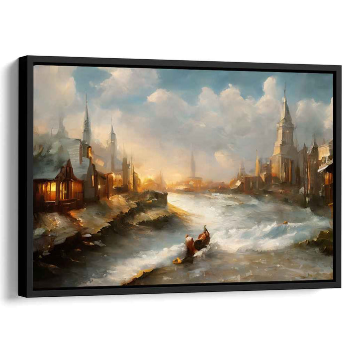 Gilded River Banks: Riverside Town in Golden Light