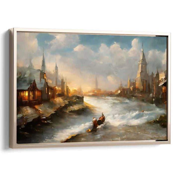 Gilded River Banks: Riverside Town in Golden Light