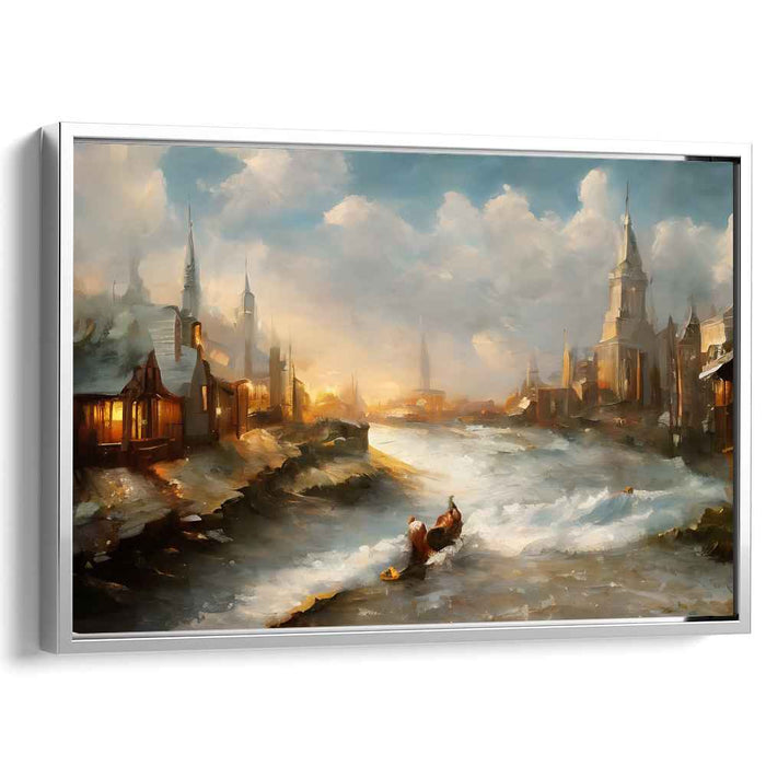 Gilded River Banks: Riverside Town in Golden Light