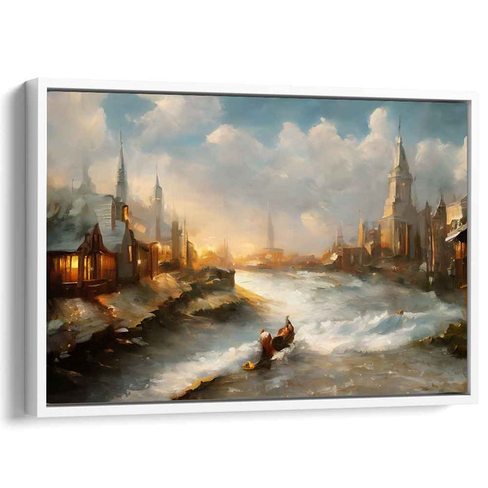 Gilded River Banks: Riverside Town in Golden Light