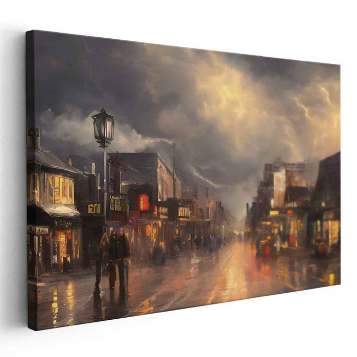 Nostalgic Rainy Boulevard Revival: Vintage Rainy Street Scene Canvas Art Print