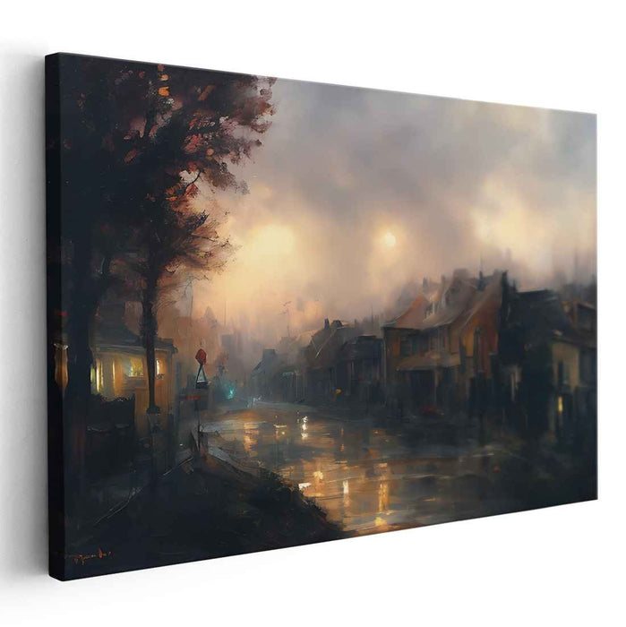 Misty Village at Dusk: Serene Reflections on a Rainy Evening Canvas Art Print