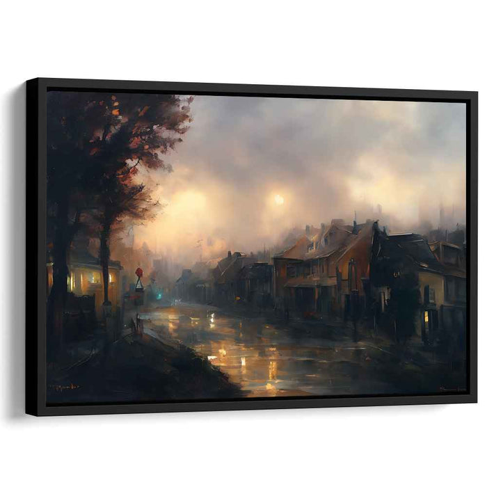 Misty Village at Dusk: Serene Reflections on a Rainy Evening Canvas Art Print