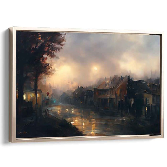 Misty Village at Dusk: Serene Reflections on a Rainy Evening Canvas Art Print