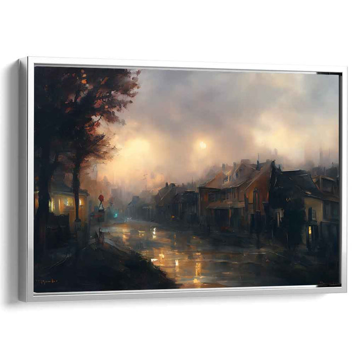 Misty Village at Dusk: Serene Reflections on a Rainy Evening Canvas Art Print