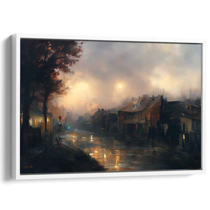 Misty Village at Dusk: Serene Reflections on a Rainy Evening Canvas Art Print