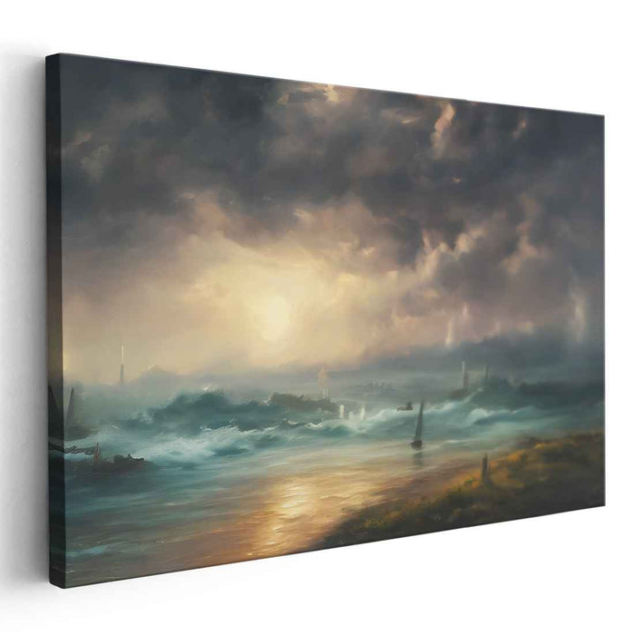 Golden Horizons Clash: Dramatic Ocean Waves and Golden Sky