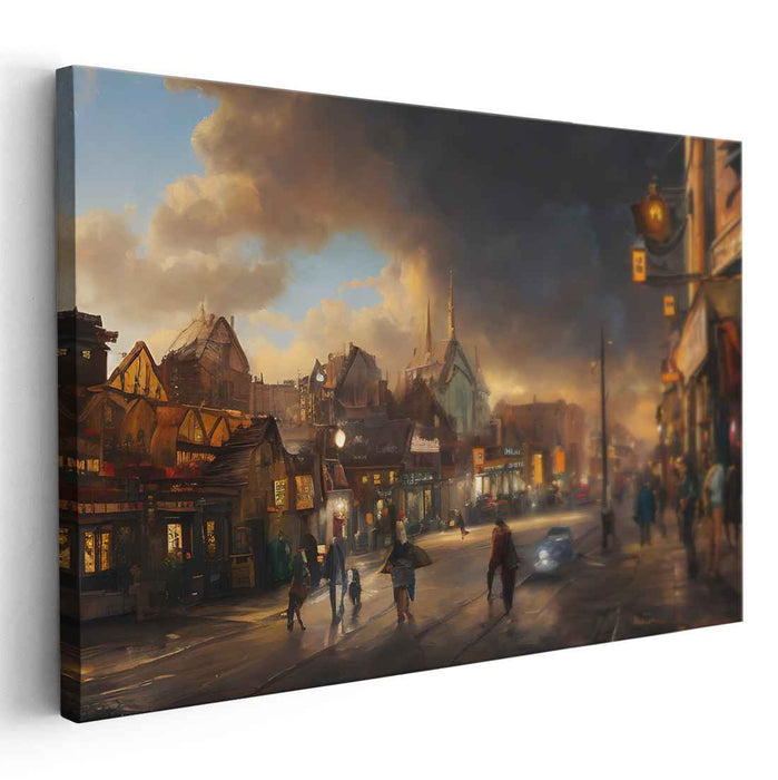 Twilight Bustle: A Romantic Urban Street Scene Canvas Art Print