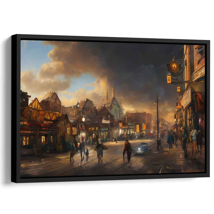 Twilight Bustle: A Romantic Urban Street Scene Canvas Art Print