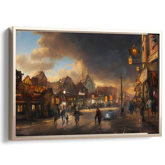 Twilight Bustle: A Romantic Urban Street Scene Canvas Art Print