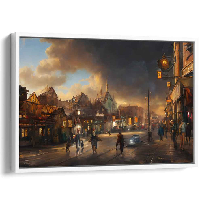 Twilight Bustle: A Romantic Urban Street Scene Canvas Art Print