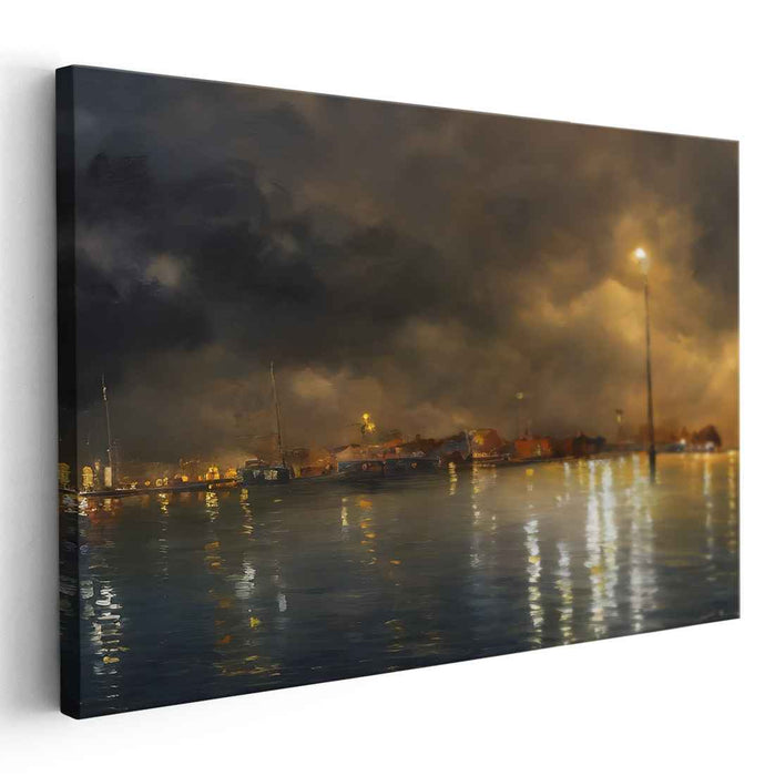 Nocturnal Harbor: Tranquil Reflections Under the Night Sky