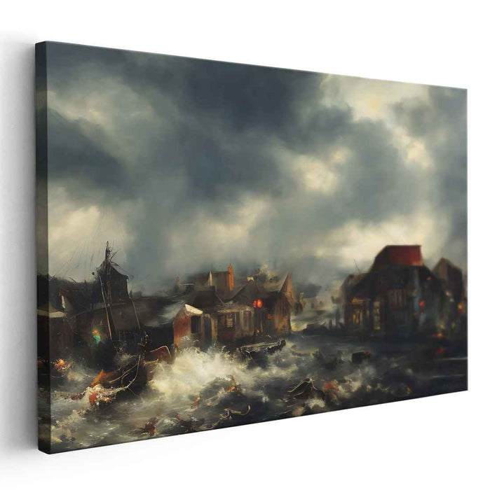 Tempest Harbor View: Dramatic Coastal Village Storm Canvas Art Print