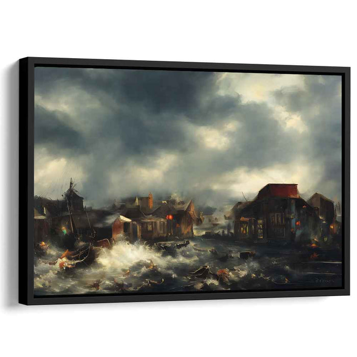 Tempest Harbor View: Dramatic Coastal Village Storm Canvas Art Print