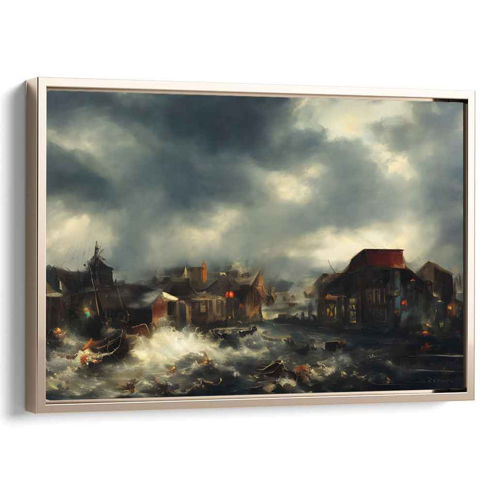 Tempest Harbor View: Dramatic Coastal Village Storm Canvas Art Print