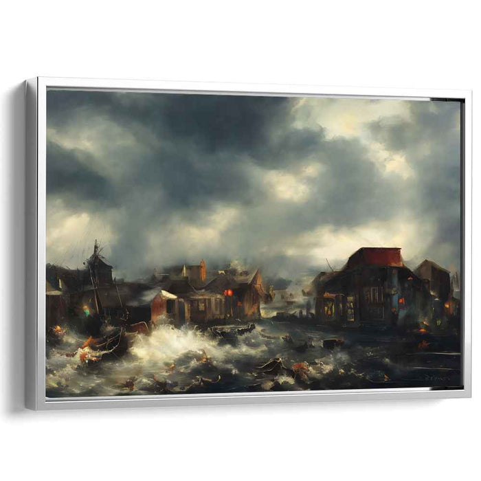 Tempest Harbor View: Dramatic Coastal Village Storm Canvas Art Print