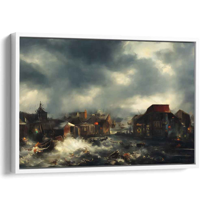 Tempest Harbor View: Dramatic Coastal Village Storm Canvas Art Print