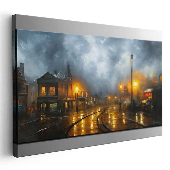 Urban Misty Mirage: Rainy Street Reflections Canvas Art Print