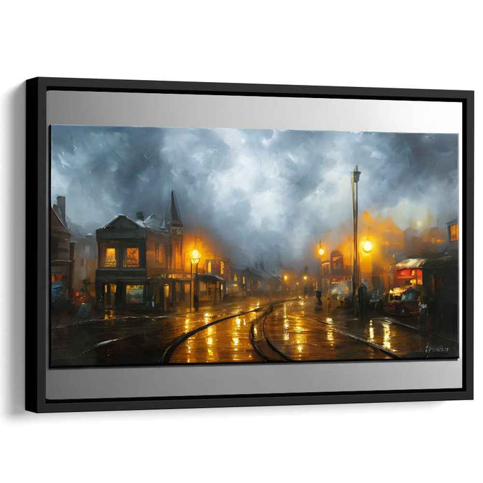 Urban Misty Mirage: Rainy Street Reflections Canvas Art Print