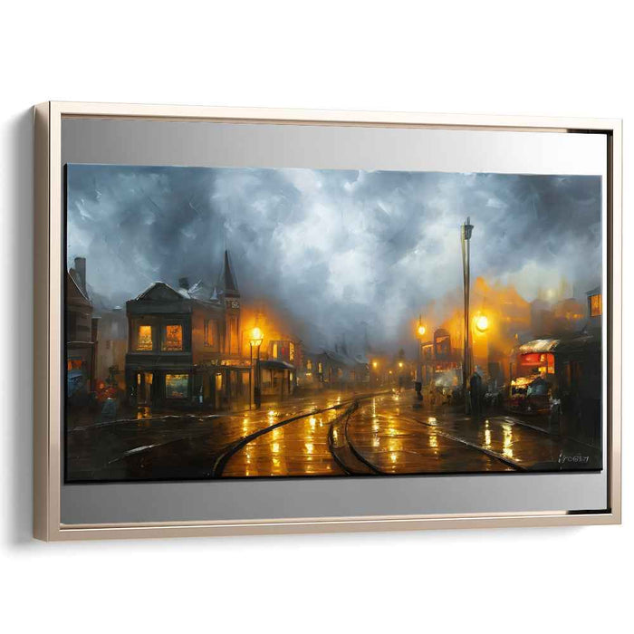Urban Misty Mirage: Rainy Street Reflections Canvas Art Print