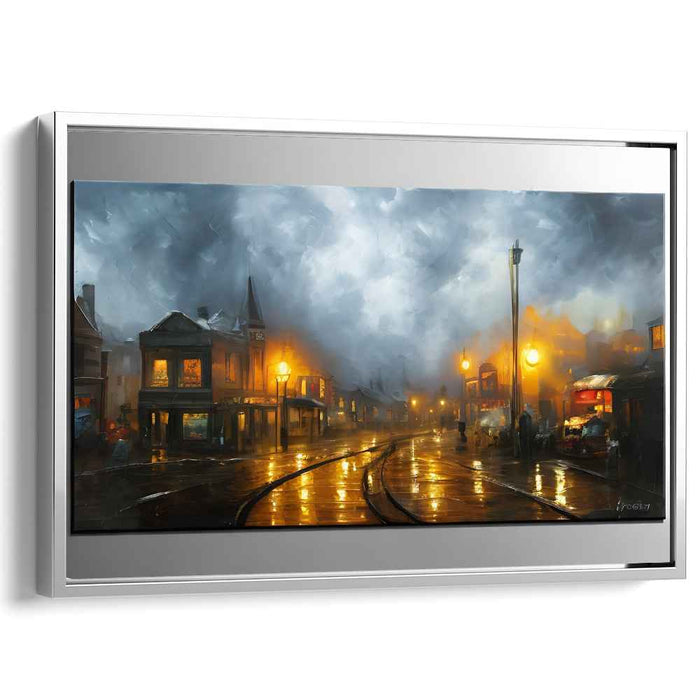 Urban Misty Mirage: Rainy Street Reflections Canvas Art Print