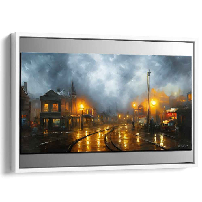 Urban Misty Mirage: Rainy Street Reflections Canvas Art Print