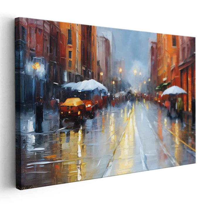 Rainy City Glow: Impressionist Urban Evening Canvas Art