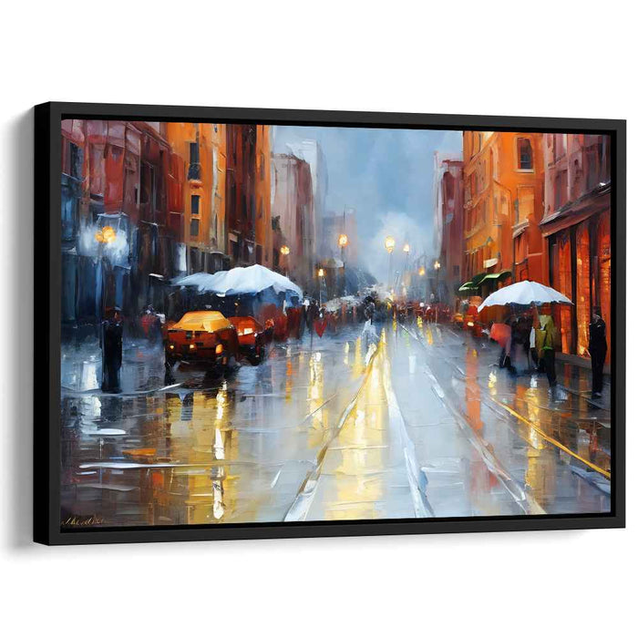 Rainy City Glow: Impressionist Urban Evening Canvas Art