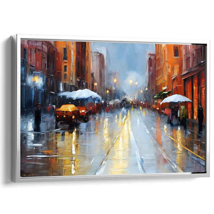 Rainy City Glow: Impressionist Urban Evening Canvas Art