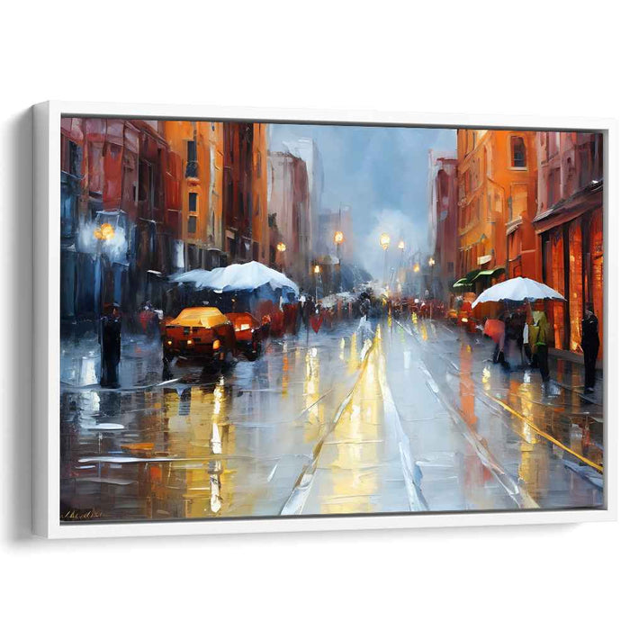 Rainy City Glow: Impressionist Urban Evening Canvas Art