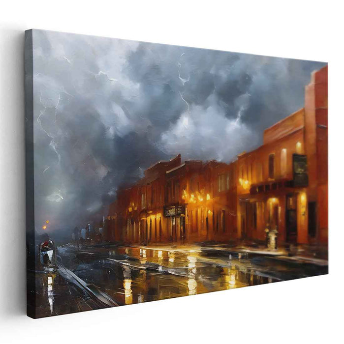 Stormy Night Reflections: Impressionist Urban Street Scene Canvas Art Print