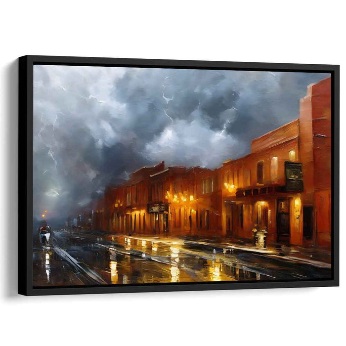 Stormy Night Reflections: Impressionist Urban Street Scene Canvas Art Print
