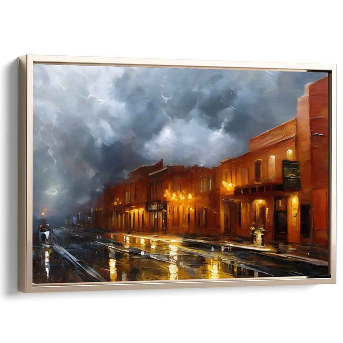 Stormy Night Reflections: Impressionist Urban Street Scene Canvas Art Print