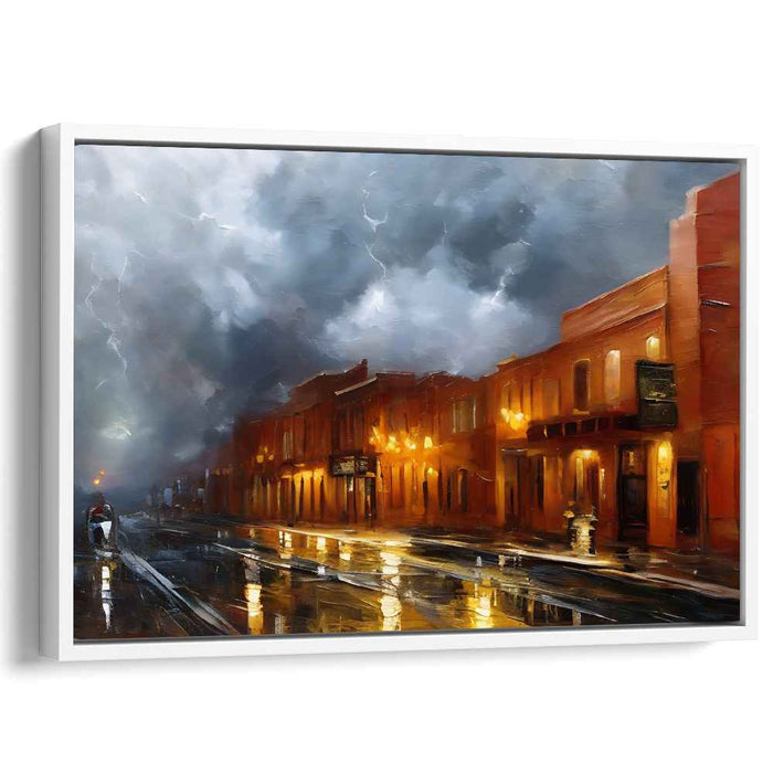 Stormy Night Reflections: Impressionist Urban Street Scene Canvas Art Print