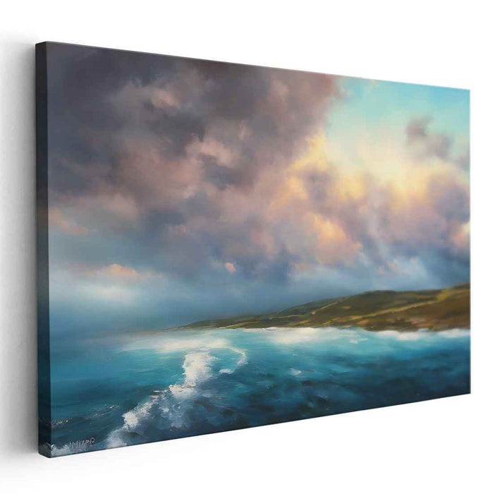 Golden Horizon Dance: Luminous Seascape at Sunset Canvas Art Print
