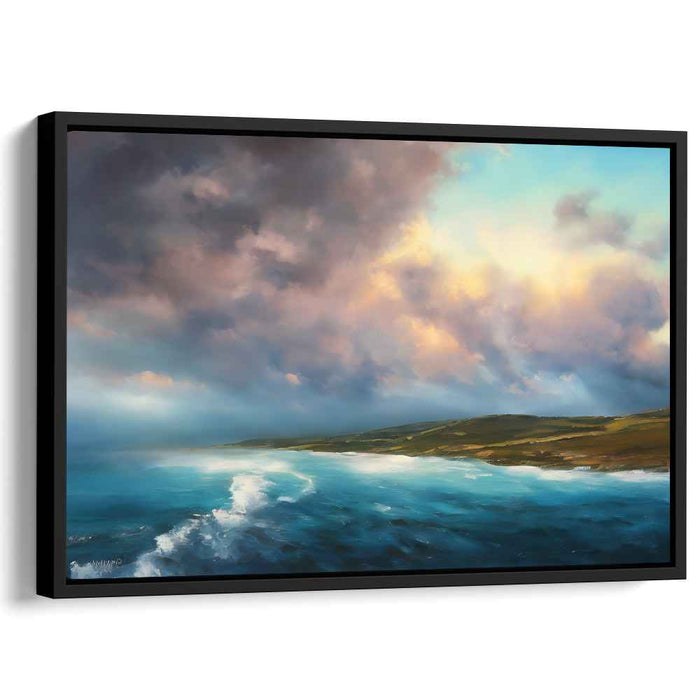 Golden Horizon Dance: Luminous Seascape at Sunset Canvas Art Print