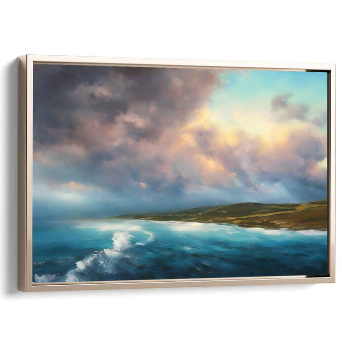 Golden Horizon Dance: Luminous Seascape at Sunset Canvas Art Print