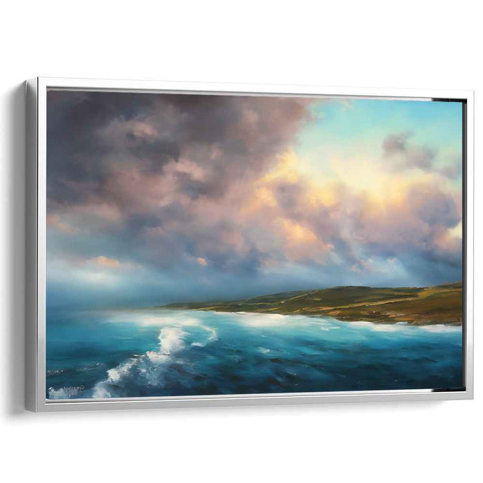 Golden Horizon Dance: Luminous Seascape at Sunset Canvas Art Print