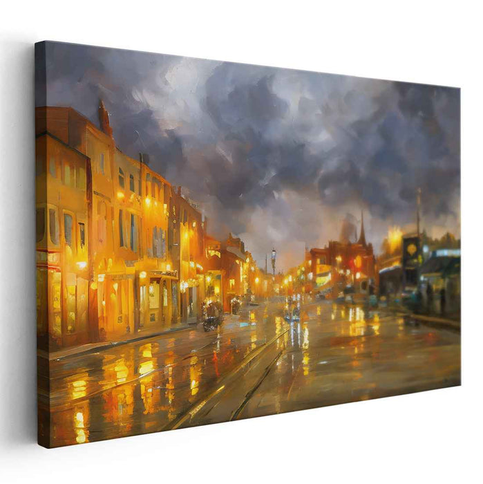 Rain-Kissed Boulevard: Luminous Urban Nightscape Canvas Art