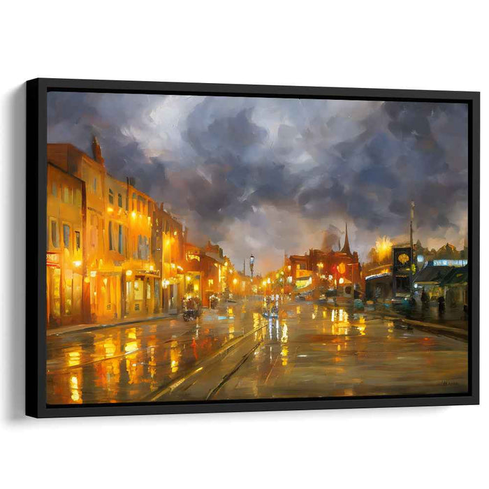 Rain-Kissed Boulevard: Luminous Urban Nightscape Canvas Art