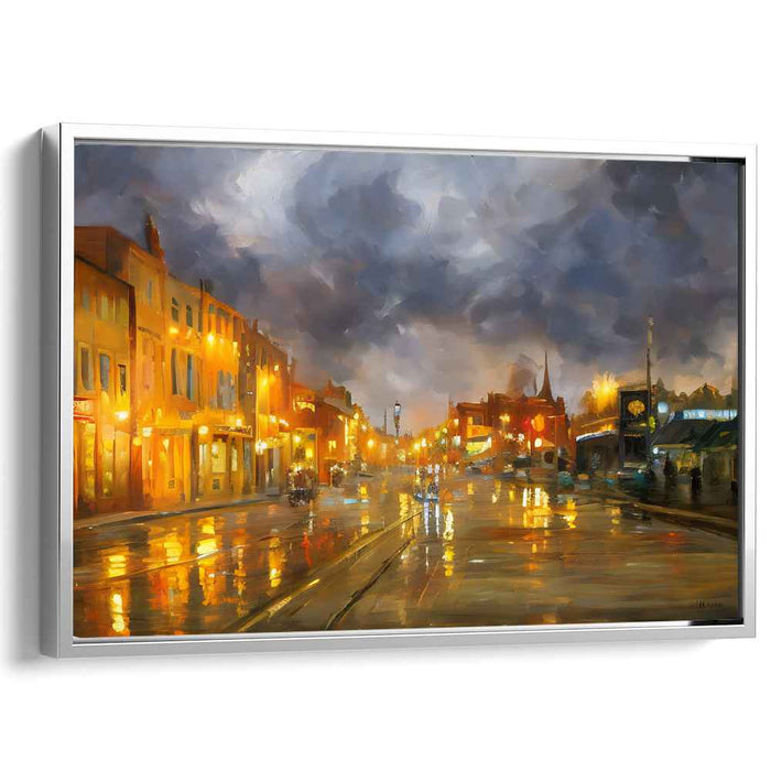 Rain-Kissed Boulevard: Luminous Urban Nightscape Canvas Art