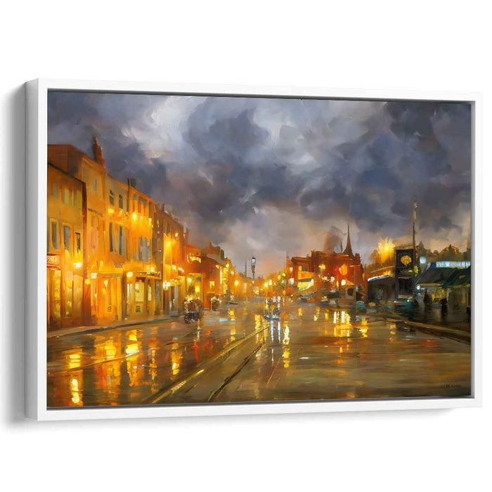 Rain-Kissed Boulevard: Luminous Urban Nightscape Canvas Art