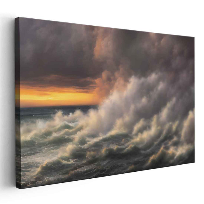 Twilight Drama's Glow: Dramatic Seascape with Sunset Hues Canvas Art
