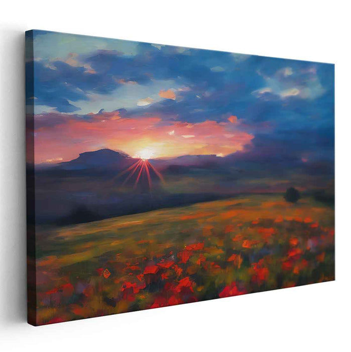 Sunset Strokes in Meadow: Impressionist Meadow and Sunset Canvas Art