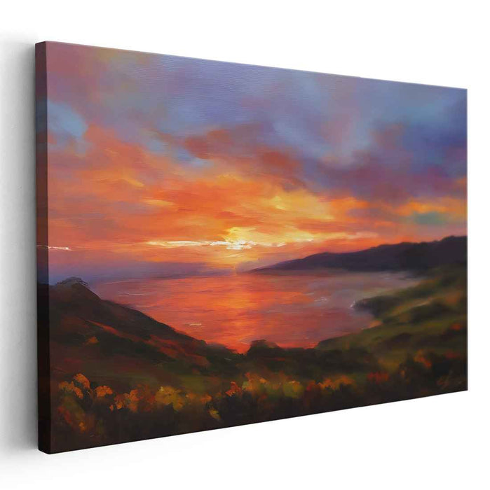 Serene Sunset Over Coastal Hills: Vibrant Landscape Canvas Art Print