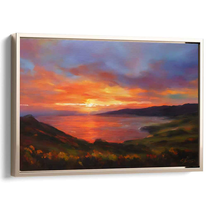 Serene Sunset Over Coastal Hills: Vibrant Landscape Canvas Art Print